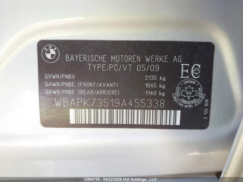 2009 BMW 328 Xi VIN: WBAPK73519A455338 Lot: 12594755