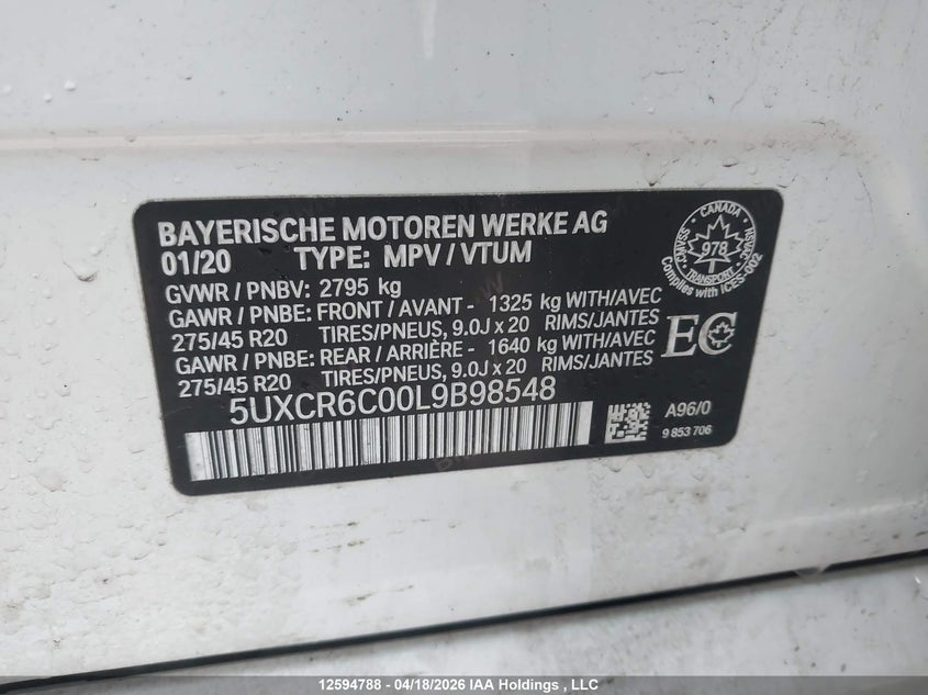 2020 BMW X5 xDrive40I VIN: 5UXCR6C00L9B98548 Lot: 12594788