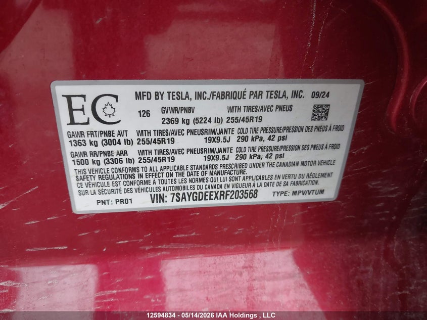2024 Tesla Model Y Long Range VIN: 7SAYGDEEXRF203568 Lot: 12594834