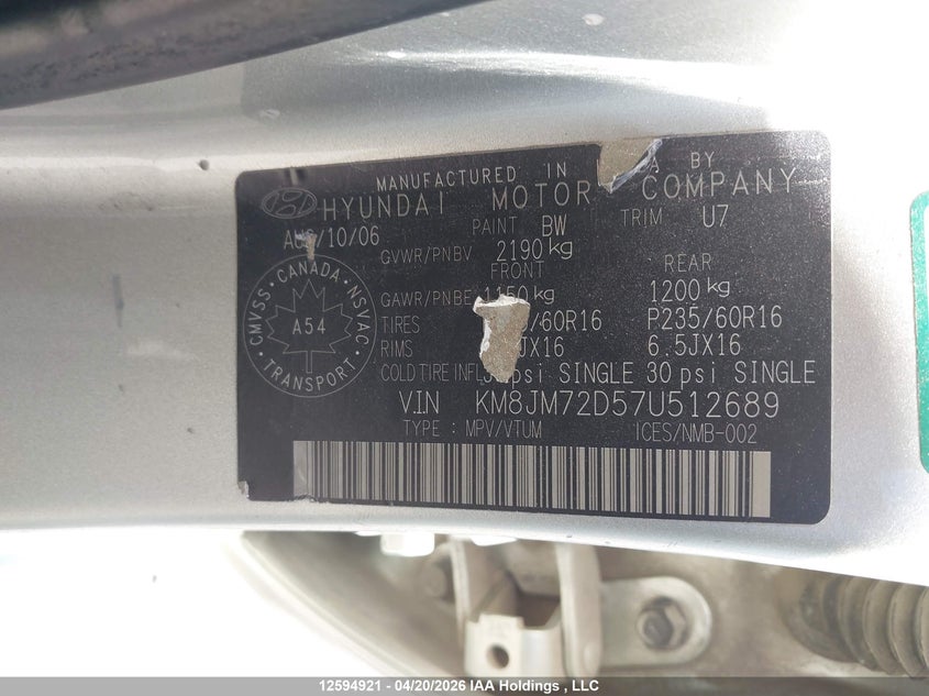 2007 Hyundai Tucson Gl/Gls VIN: KM8JM72D57U512689 Lot: 12594921