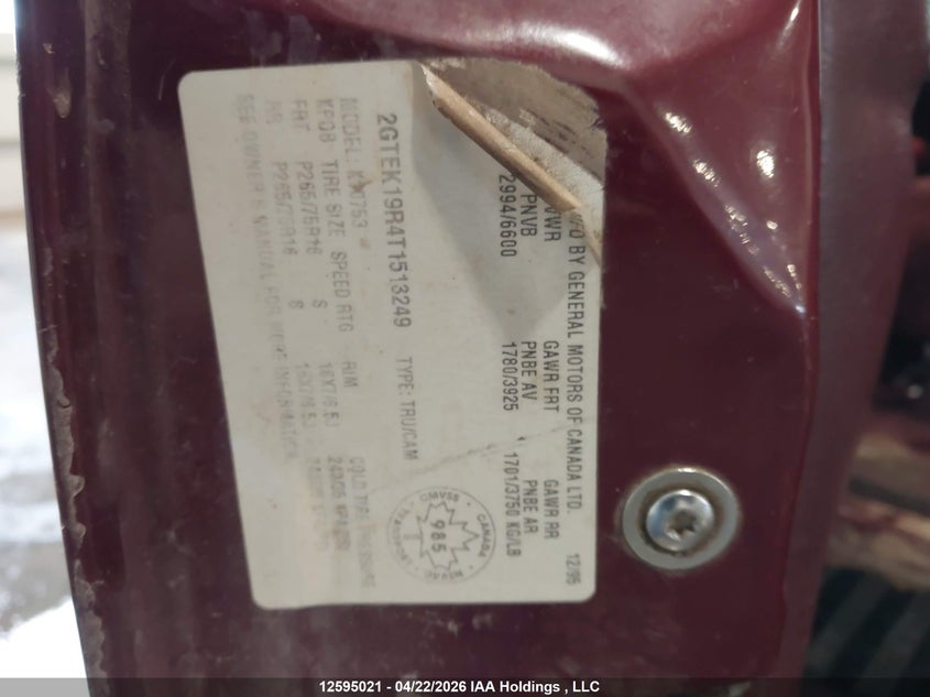 1996 GMC Sierra K1500 VIN: 2GTEK19R4T1513249 Lot: 12595021