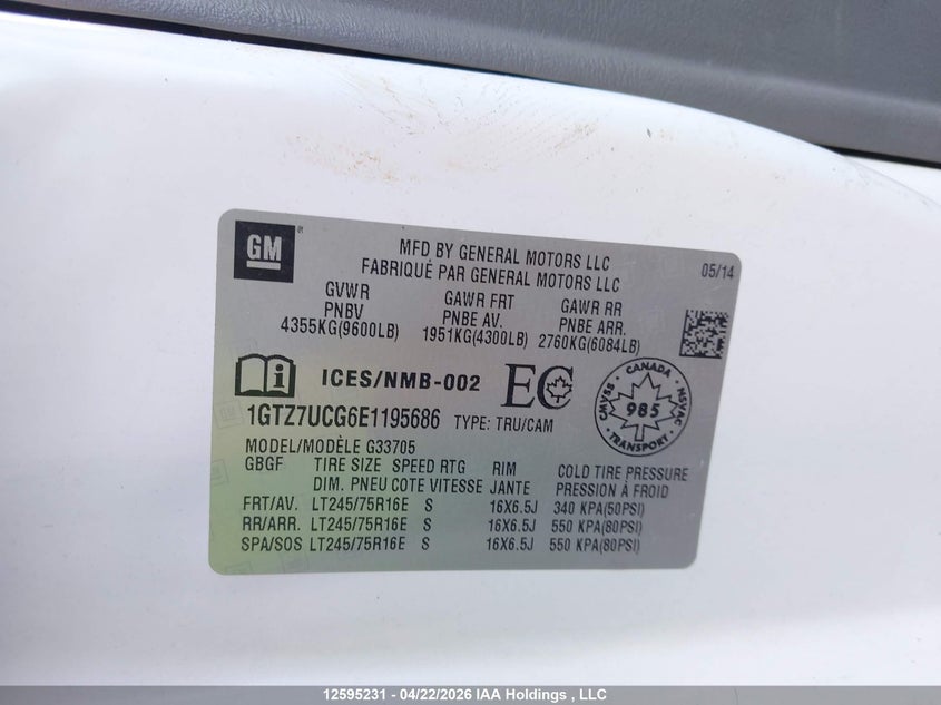 2014 GMC Savana 3500 1Wt VIN: 1GTZ7UCG6E1195686 Lot: 12595231