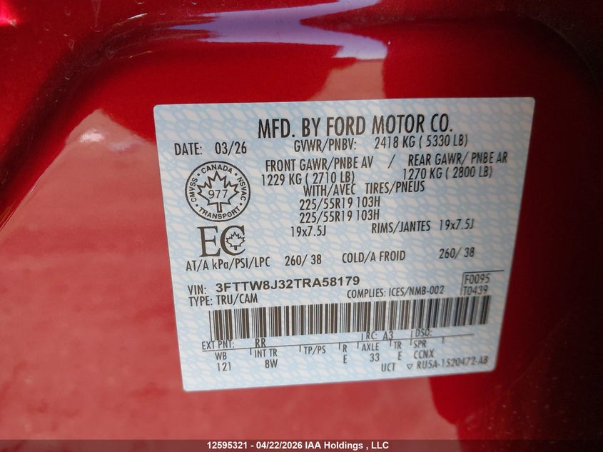 2026 Ford Maverick Xlt VIN: 3FTTW8J32TRA58179 Lot: 12595321