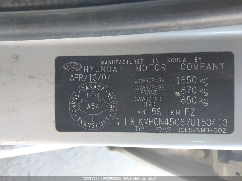 2007 Hyundai Accent Gl/Gls VIN: KMHCN45C67U150413 Lot: 12595375