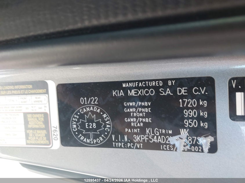 2022 Kia Forte Ex/Ex Premium/Gt-Line VIN: 3KPF54AD2NE458738 Lot: 12595437