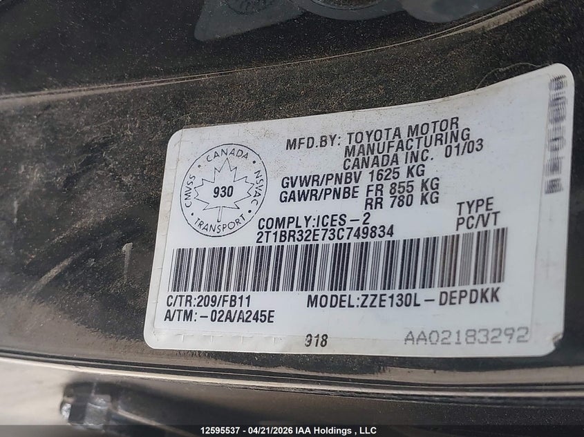 2003 Toyota Corolla Ce/Le/S VIN: 2T1BR32E73C749834 Lot: 12595537