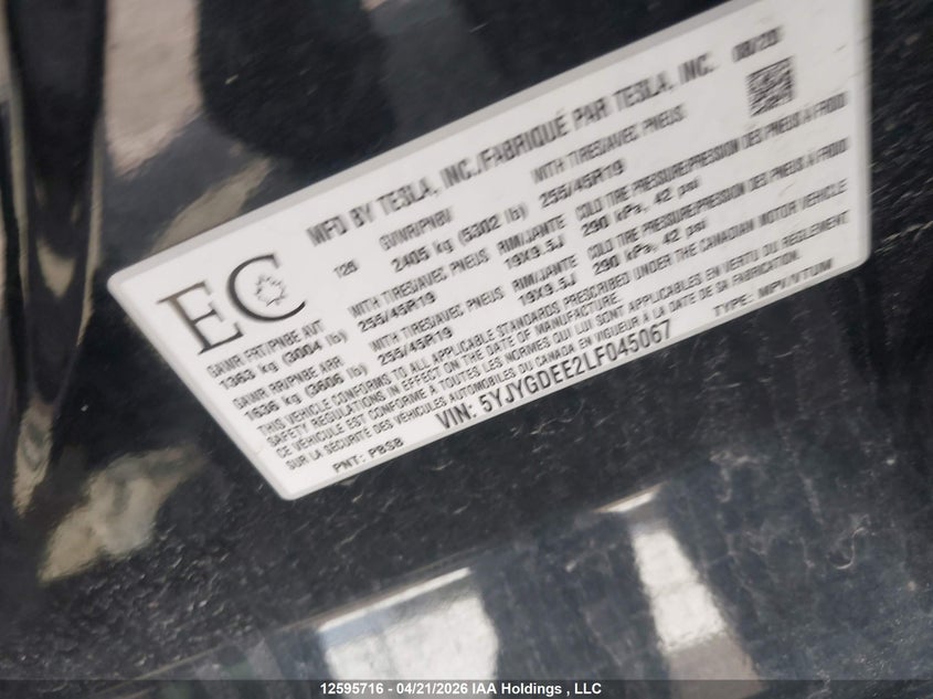 2020 Tesla Model Y Long Range VIN: 5YJYGDEE2LF045067 Lot: 12595716