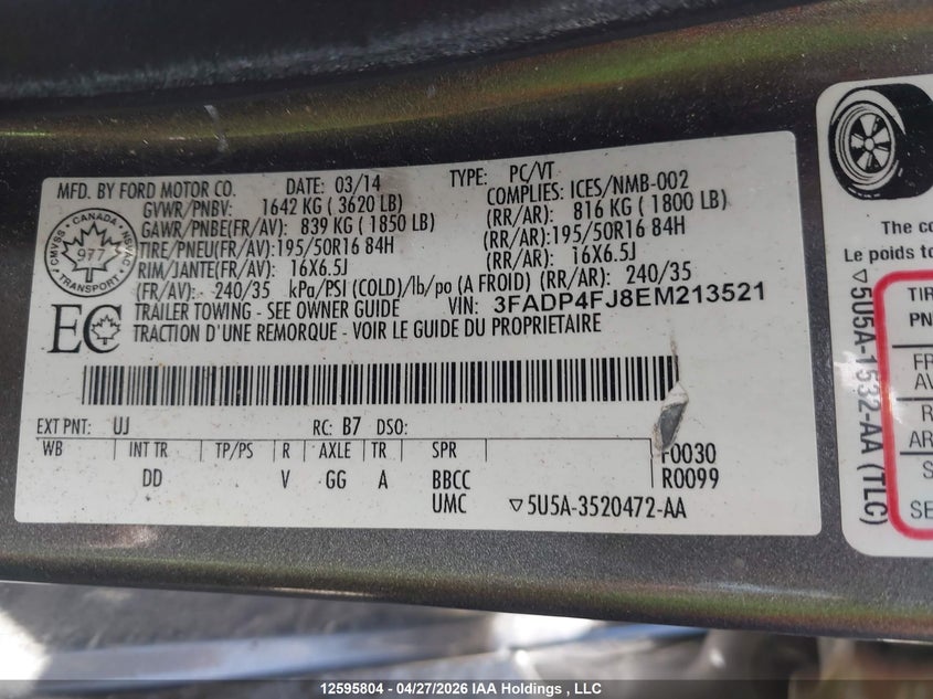 2014 Ford Fiesta VIN: 3FADP4FJ8EM213521 Lot: 12595804