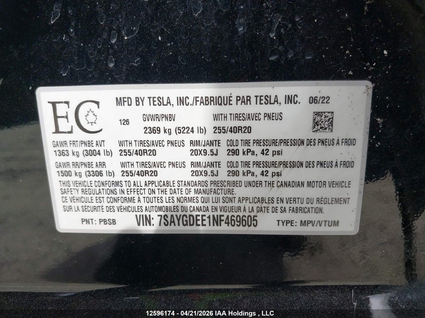 2022 Tesla Model Y VIN: 7SAYGDEE1NF469605 Lot: 12596174