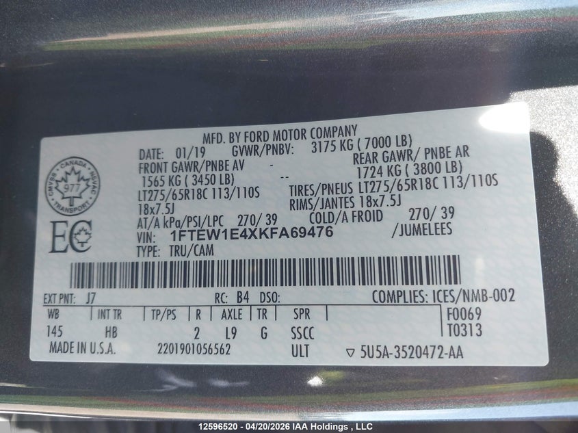 2019 Ford F-150 lightning 3.5 F150 Supercrew grey Lot 111012596520 Vin 1FTEW1E4XKFA69476