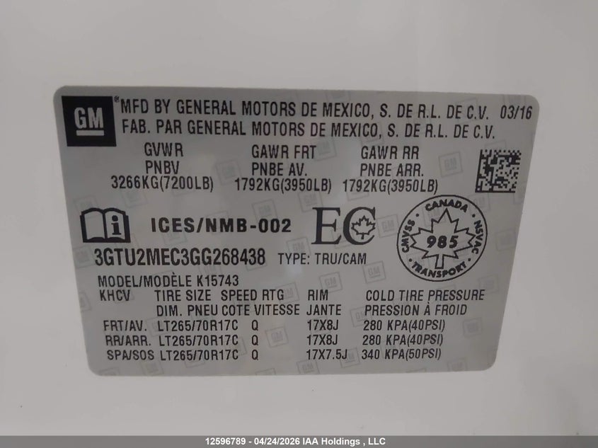 2016 GMC Sierra K1500 Sle VIN: 3GTU2MEC3GG268438 Lot: 12596789