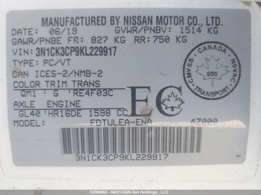 2019 Nissan Micra VIN: 3N1CK3CP9KL229917 Lot: 12596863