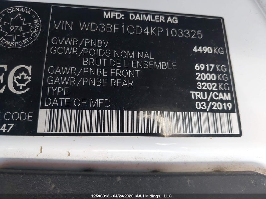 2019 Mercedes-Benz Sprinter 2500/3500 VIN: WD3BF1CD4KP103325 Lot: 12596913