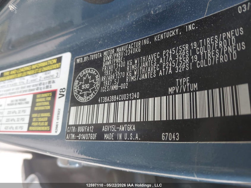 2012 Toyota Venza Le/Xle VIN: 4T3BA3BB4CU031340 Lot: 12597110