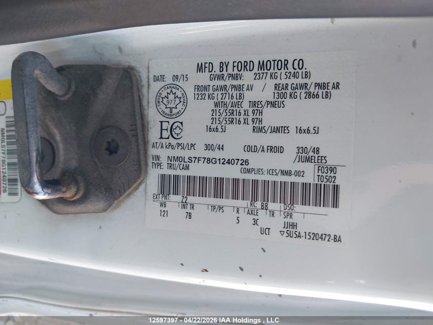 2016 FORD TRANSIT CONNECT XLT VAN 2.5L I-4 DOHC, VVT, 169HP