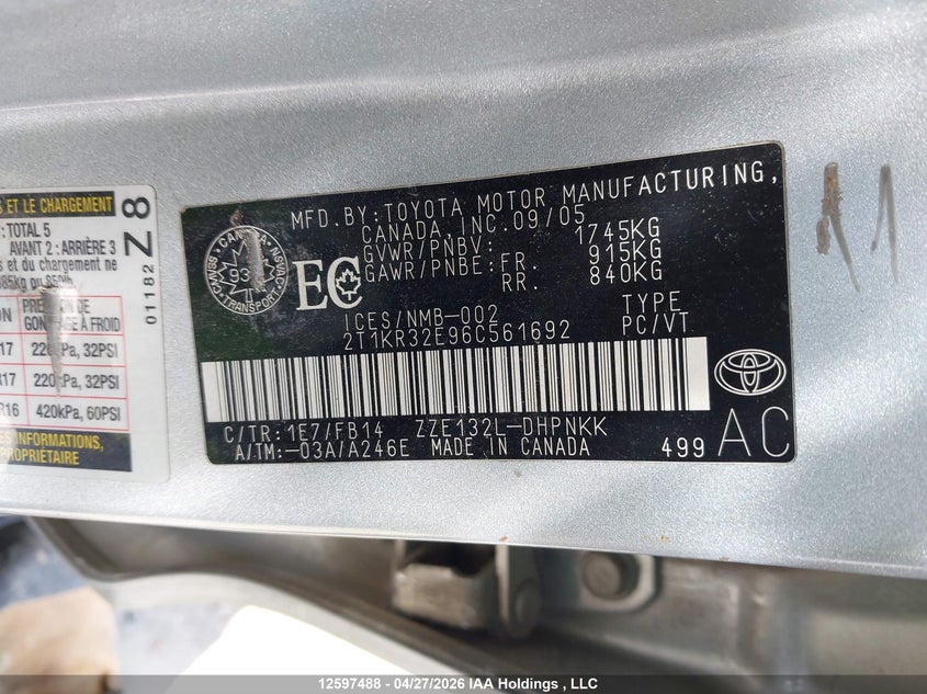 2006 Toyota Matrix Wagon VIN: 2T1KR32E96C561692 Lot: 12597488
