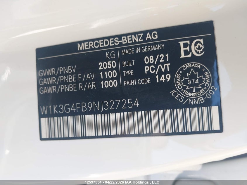 2022 Mercedes-Benz A 220 4Matic VIN: W1K3G4FB9NJ327254 Lot: 12597554