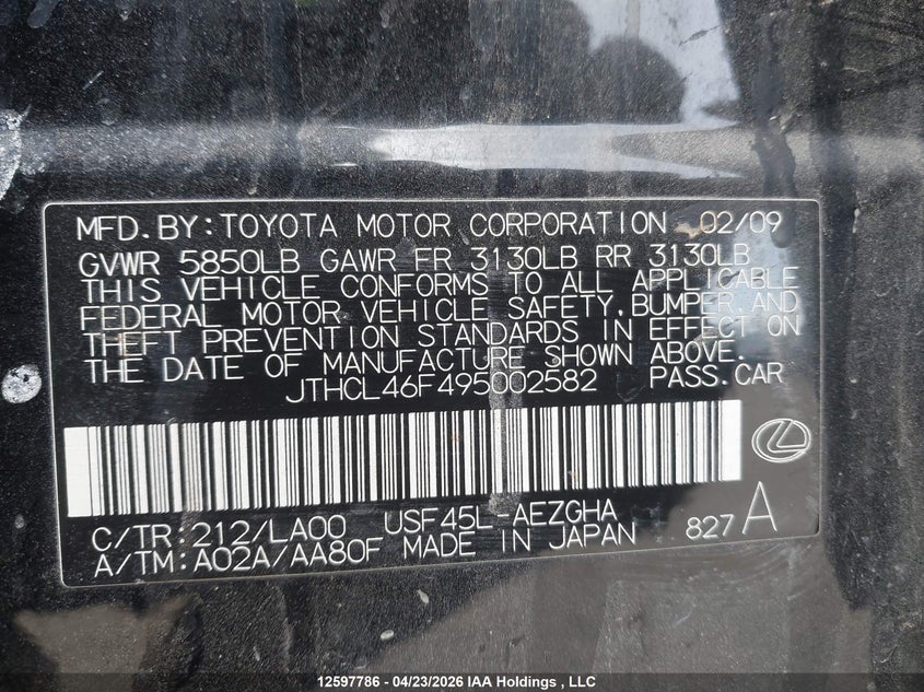 2009 Lexus Ls 460 VIN: JTHCL46F495002582 Lot: 12597786