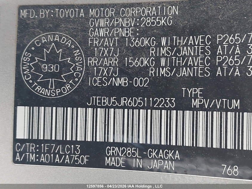 2013 Toyota 4Runner Sr5 V6 VIN: JTEBU5JR6D5112233 Lot: 12597856