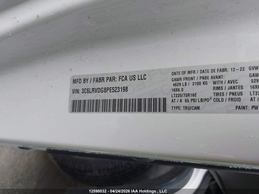 2023 Ram Promaster 2500 2500 High VIN: 3C6LRVDG8PE523198 Lot: 12598032