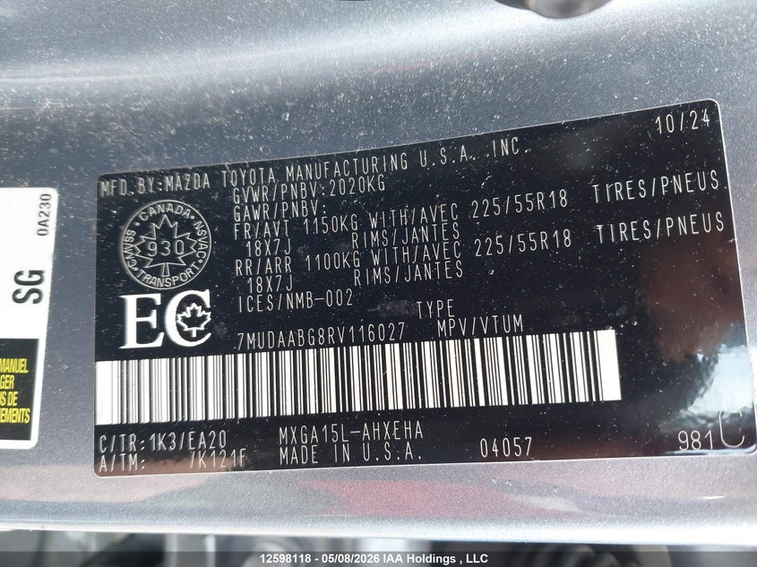 2024 Toyota Corolla Cross VIN: 7MUDAABG8RV116027 Lot: 12598118