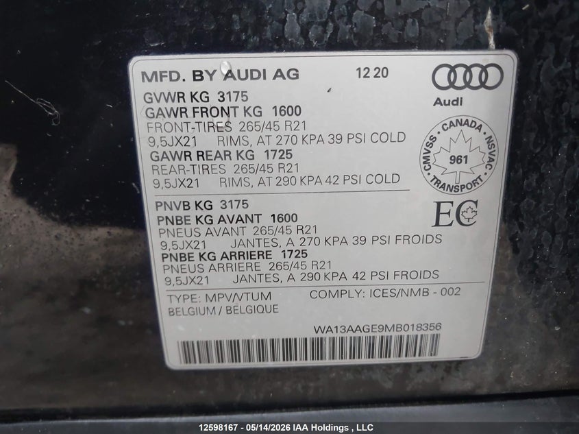 2021 Audi E-Tron Sportback Prestige VIN: WA13AAGE9MB018356 Lot: 12598167