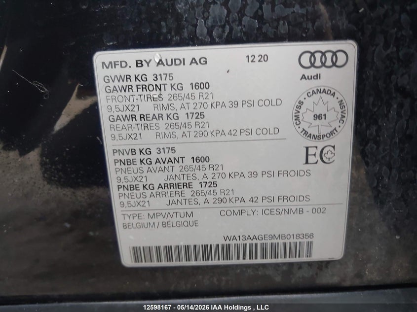 2021 Audi E-Tron Sportback Prestige VIN: WA13AAGE9MB018356 Lot: 12598167