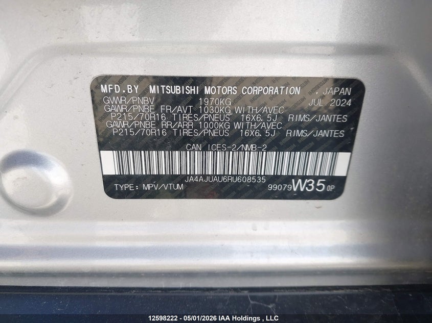 2024 Mitsubishi Rvr Es VIN: JA4AJUAU6RU608535 Lot: 12598222