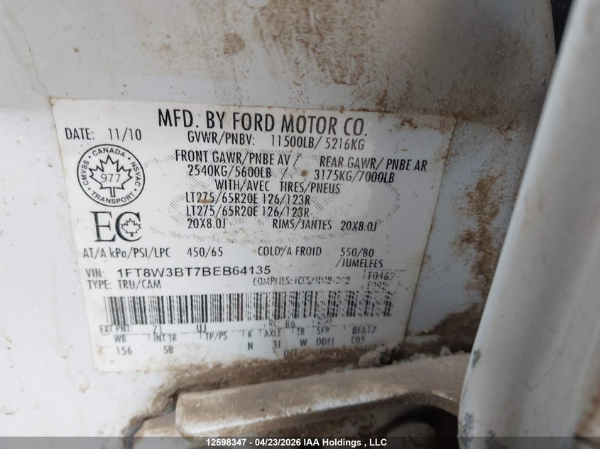 2011 Ford F350 Super Duty VIN: 1FT8W3BT7BEB64135 Lot: 12598347