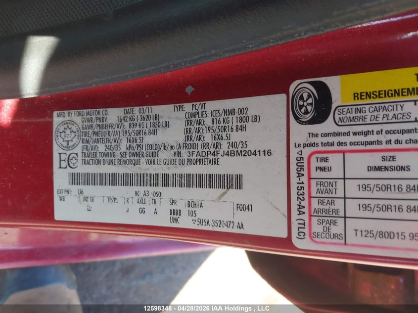 2011 Ford Fiesta Ses VIN: 3FADP4FJ4BM204116 Lot: 12598348