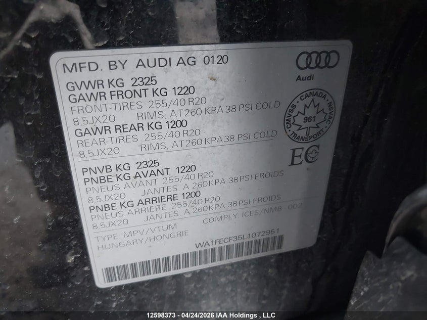 2020 Audi Q3 Prestige S-Line VIN: WA1FECF35L1072951 Lot: 12598373