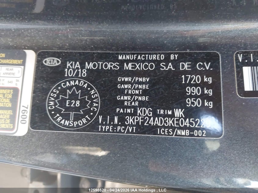 2019 KIA FORTE SEDAN 2.0L I-4 DOHC, VVT, 147HP
