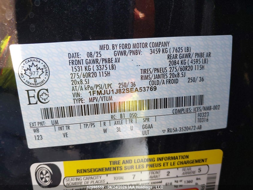 2025 Ford Expedition Active VIN: 1FMJU1J82SEA53769 Lot: 12598559