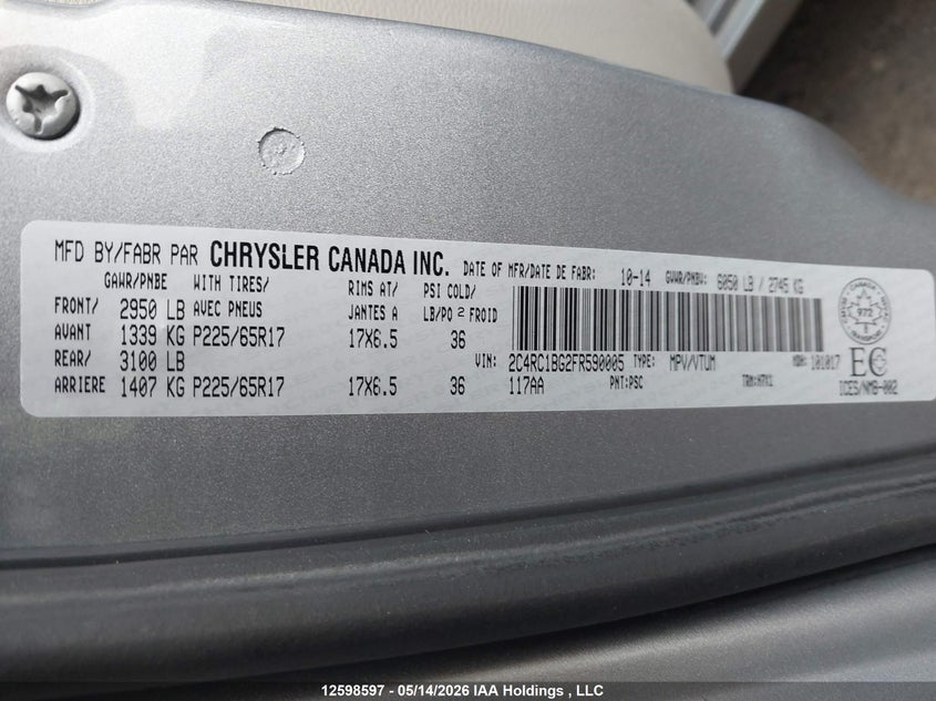 2015 Chrysler Town Country Limited VIN: 2C4RC1BG2FR590005 Lot: 12598597