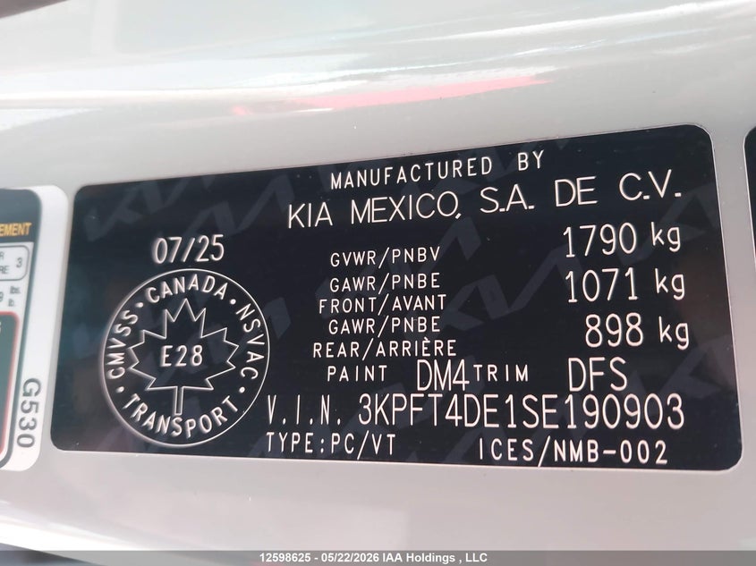 2025 Kia K4 Lx/Lxs VIN: 3KPFT4DE1SE190903 Lot: 12598625