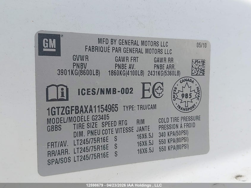 2010 GMC Savana G2500 VIN: 1GTZGFBAXA1154965 Lot: 12598679