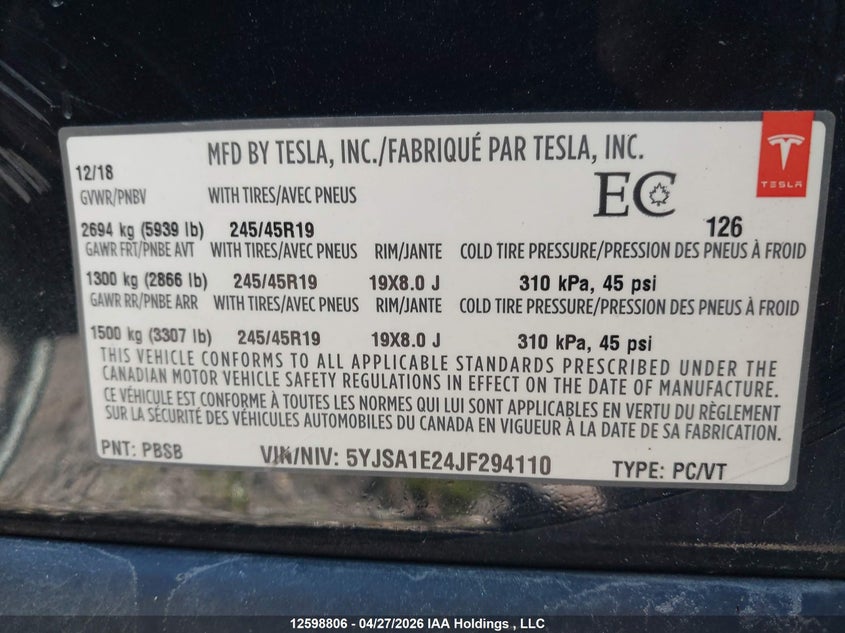 2018 Tesla Model S VIN: 5YJSA1E24JF294110 Lot: 12598806