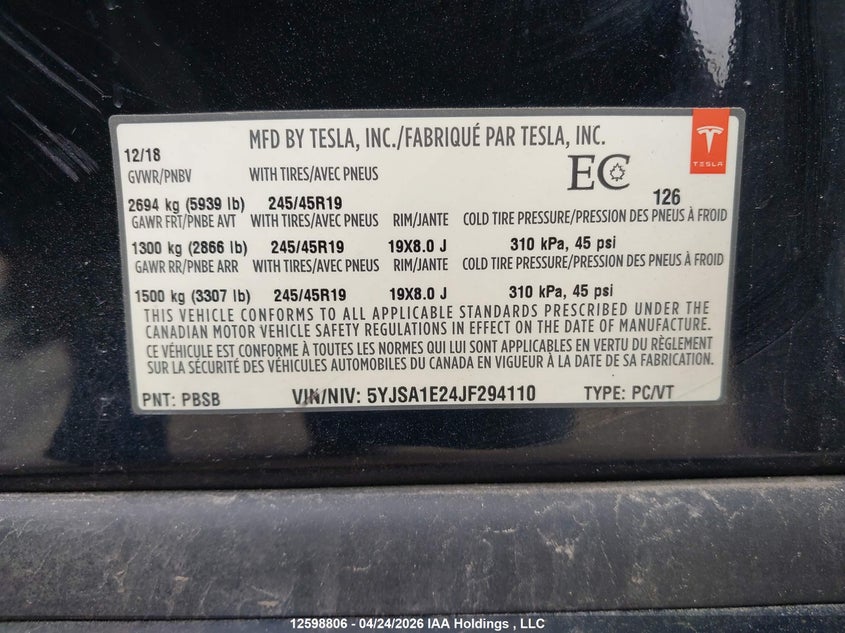 2018 Tesla Model S VIN: 5YJSA1E24JF294110 Lot: 12598806
