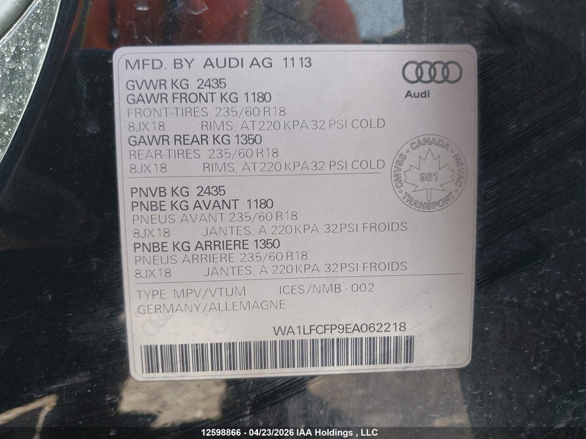 2014 Audi Q5 VIN: WA1LFCFP9EA062218 Lot: 12598866