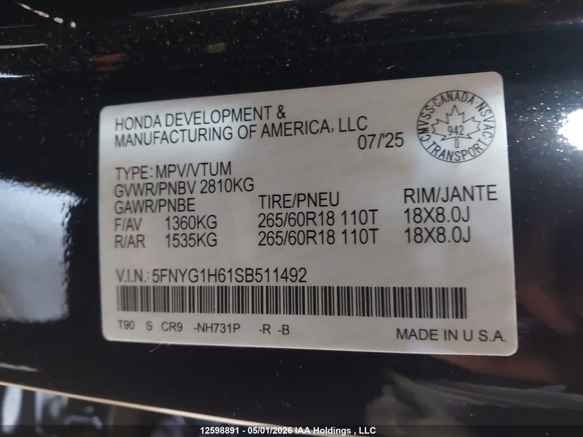 2025 Honda Pilot Trailsport VIN: 5FNYG1H61SB511492 Lot: 12598891
