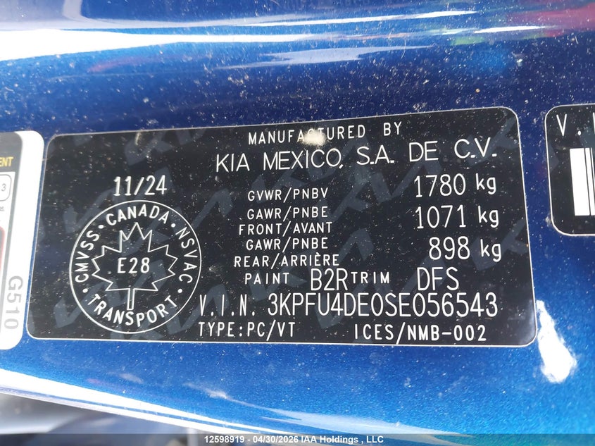 2025 Kia K4 Ex/Ex+ VIN: 3KPFU4DE0SE056543 Lot: 12598919