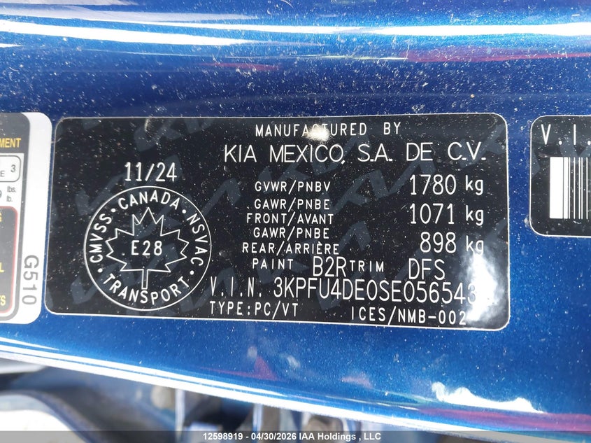 2025 Kia K4 Ex/Ex+ VIN: 3KPFU4DE0SE056543 Lot: 12598919