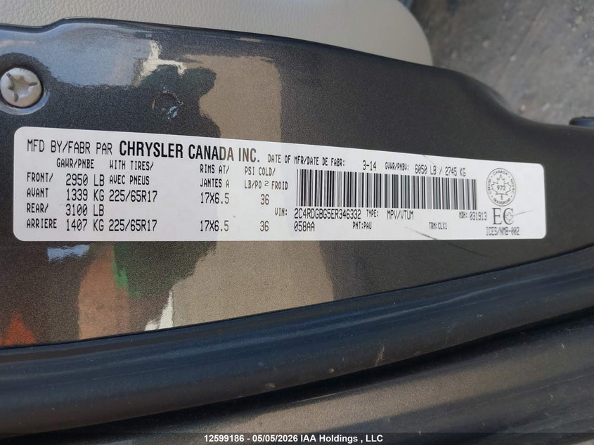 2014 Dodge Grand Caravan Se/Sxt VIN: 2C4RDGBG5ER346332 Lot: 12599186