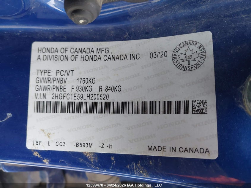 2020 Honda Civic Si Si VIN: 2HGFC1E59LH200520 Lot: 12599478