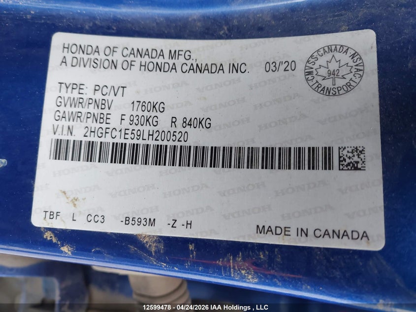 2020 Honda Civic Si Si VIN: 2HGFC1E59LH200520 Lot: 12599478