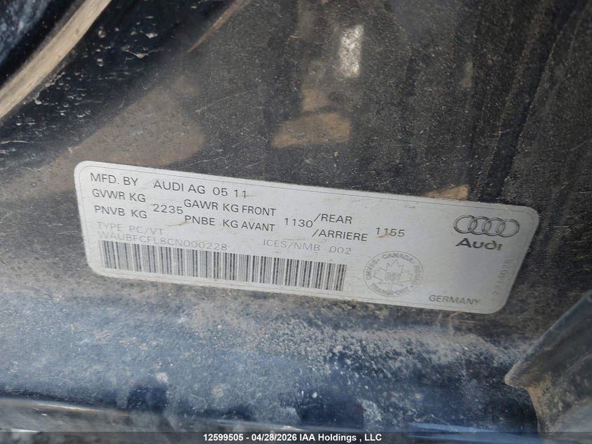 2012 Audi A4 2.0T VIN: WAUBFCFL8CN000228 Lot: 12599505