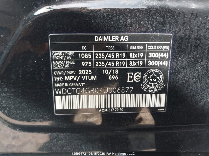 2019 Mercedes-Benz Gla 250 4Matic VIN: WDCTG4GB0KU006877 Lot: 12599872