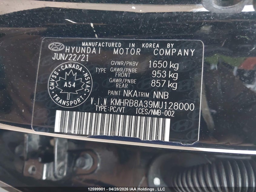 2021 Hyundai Venue Se VIN: KMHRB8A39MU128000 Lot: 12599901
