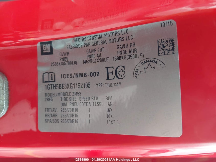 2016 Gmc Canyon 3.6 red Lot 111012599990 Vin 1GTH5BE3XG1152195