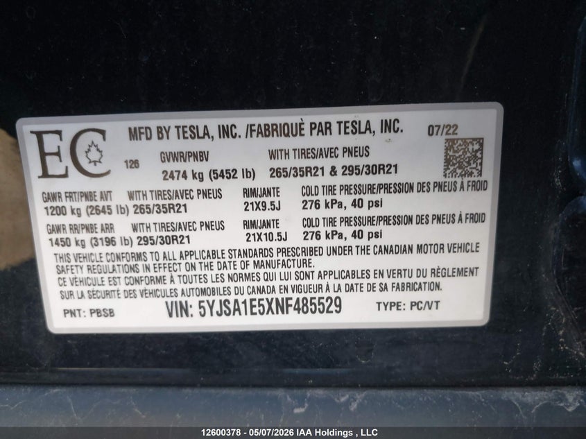 2022 Tesla Model S VIN: 5YJSA1E5XNF485529 Lot: 12600378
